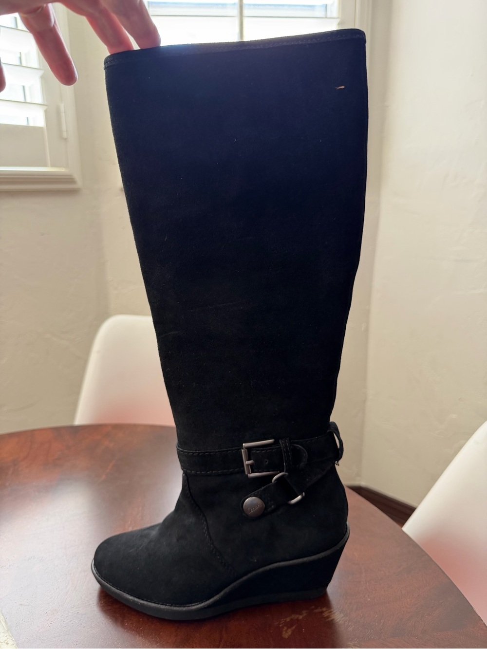 Coach Candid Black Kid Suede Buckle Wedge Tall Over-the-Knee Boots